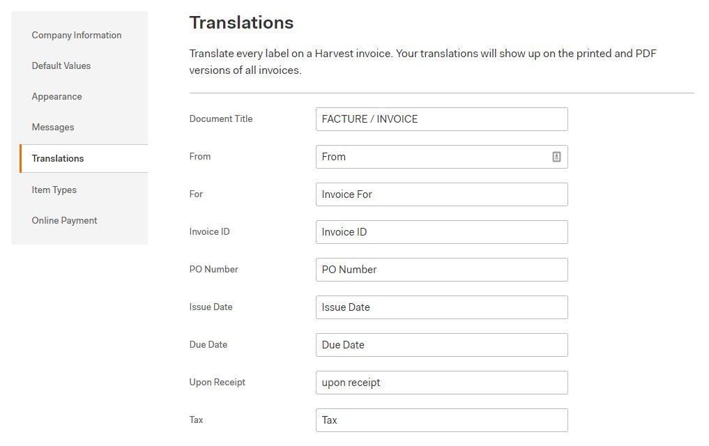 Translate your Invoice Field Names with Harvest